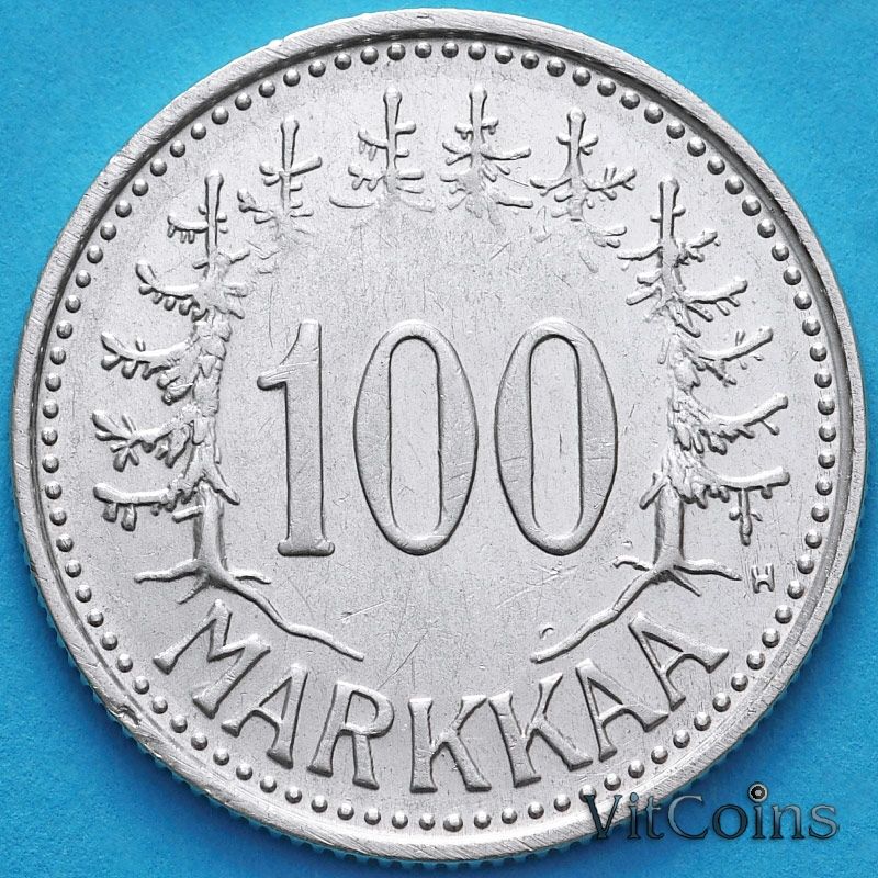 Монета Финляндия 100 марок 1958 год. Серебро.