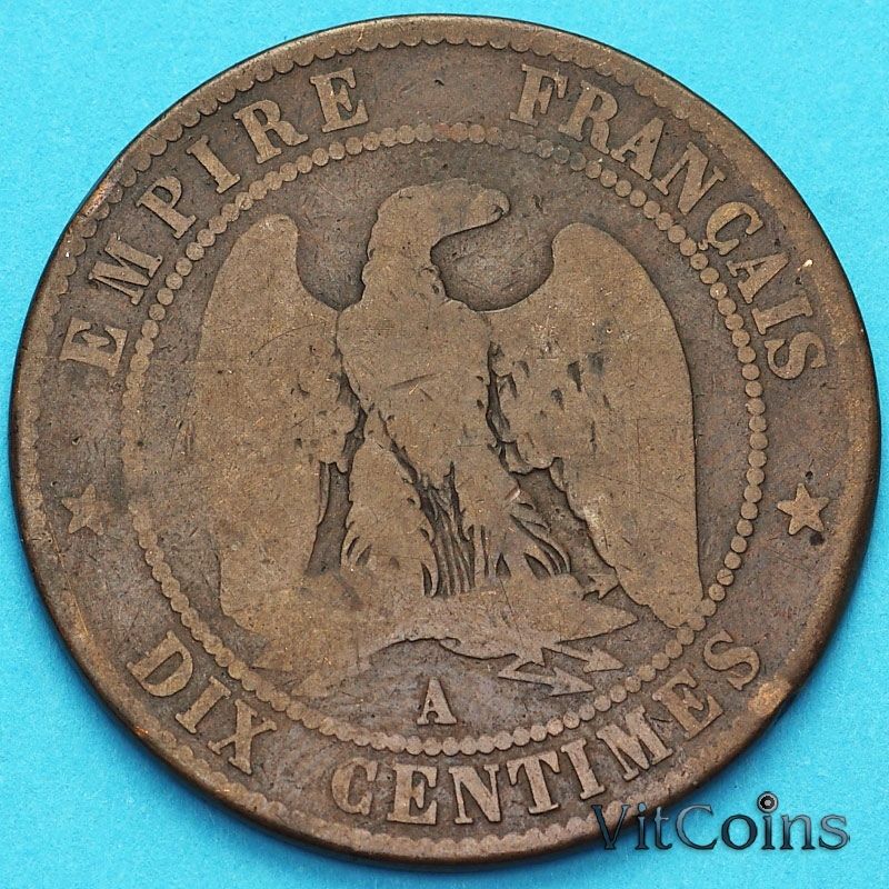 Монета Франция 10 сантимов 1853 год. Монетный двор Париж.