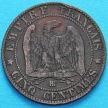Монета Франции 5 сантимов 1856 год. Монетный двор Страсбург.