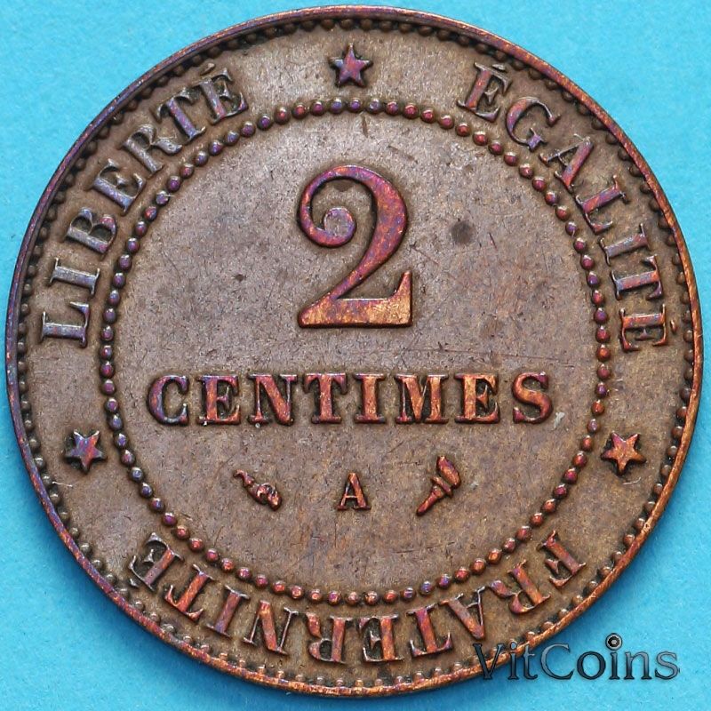 Монета Франция 2 сантима 1897 год.