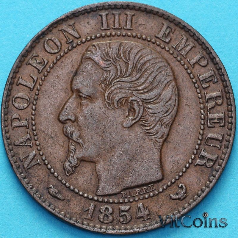 Монета Франция 5 сантимов 1854 год. Монетный двор Лилль.