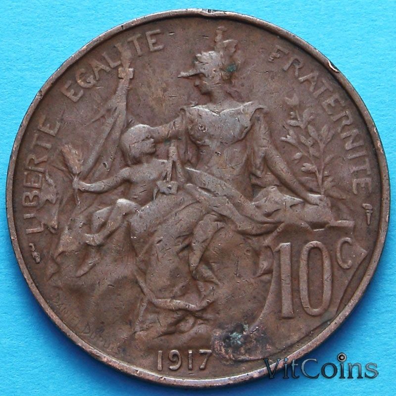 Франция 10 сантимов 1917 год. Монетный двор Париж.