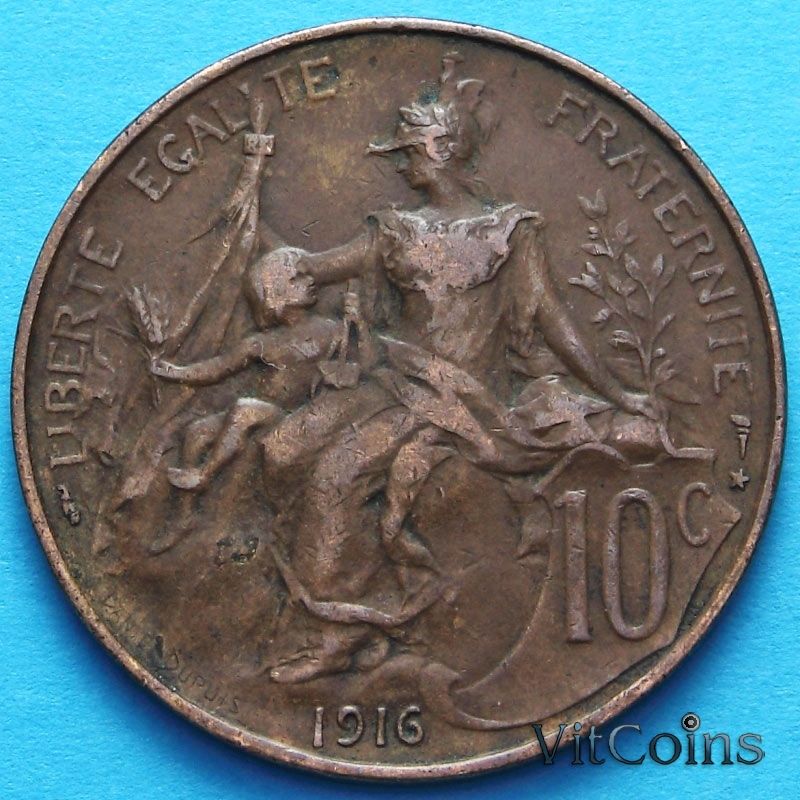 Франция 10 сантимов 1916 год. Монетный двор Мадрид.