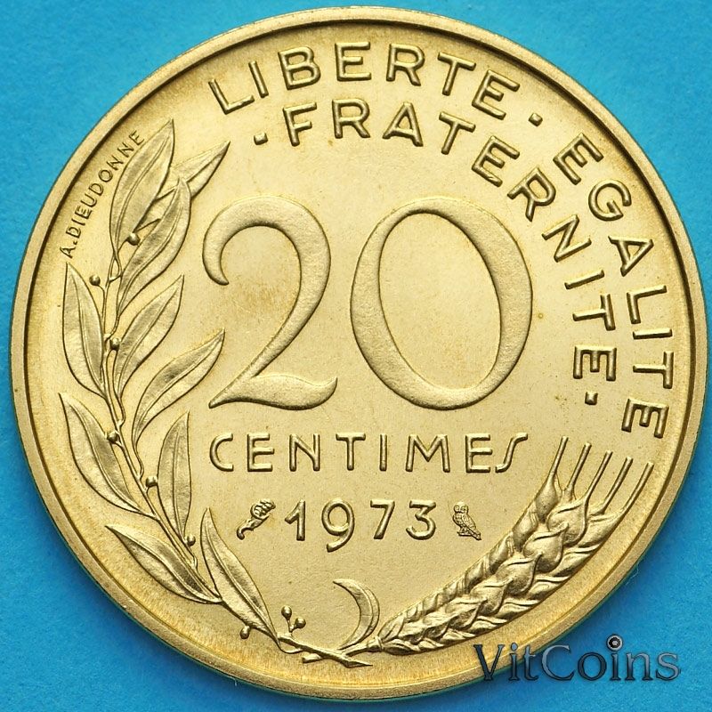 Монета Франции 20 сантимов 1973 год. BU