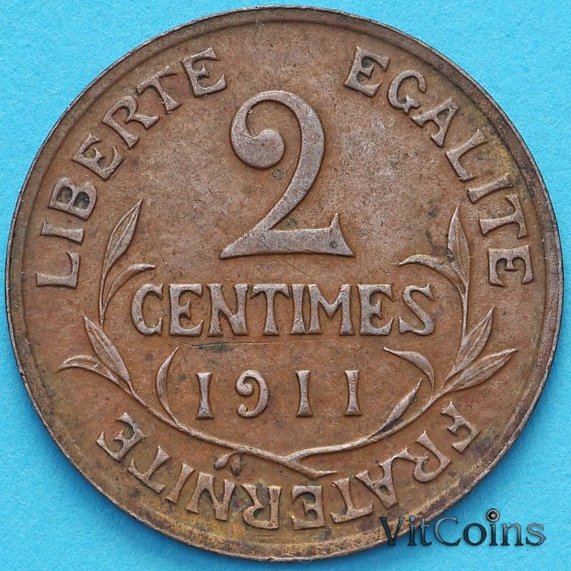 Монета Франция 2 сантима 1911 год.