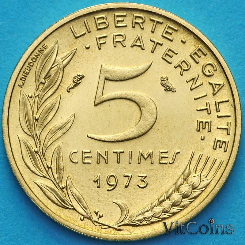 Монета Франции 5 сантимов 1973 год. BU