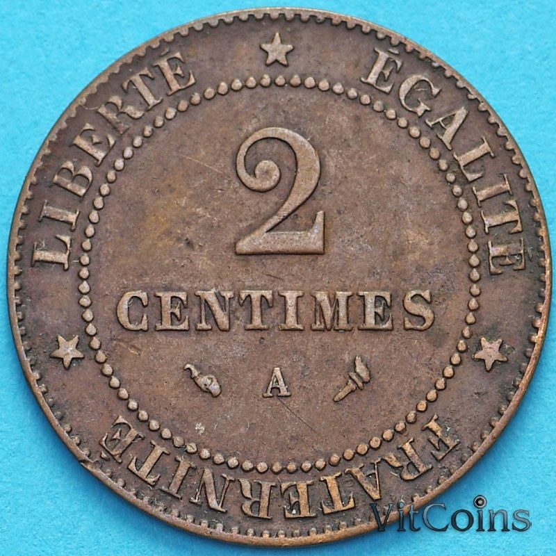 Монета Франция 2 сантима 1897 год.