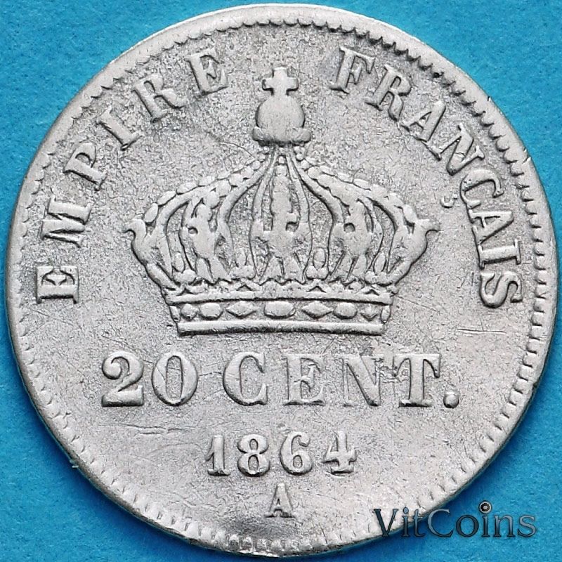 Монета Франция 20 сантим 1864 год.
