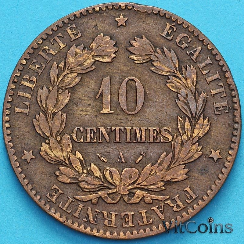 Монета Франция 10 сантимов 1896 год. Монетный двор Париж. №2