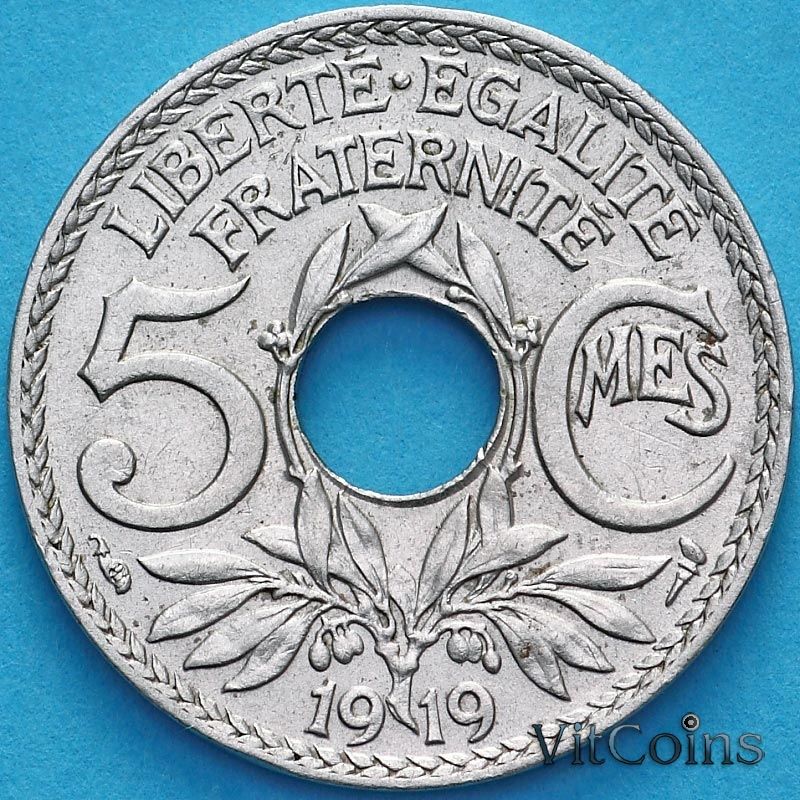 Монета Франция 5 сантимов 1919 год. aUNC