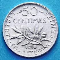 Франция 50 сантим 1918 год. Серебро.