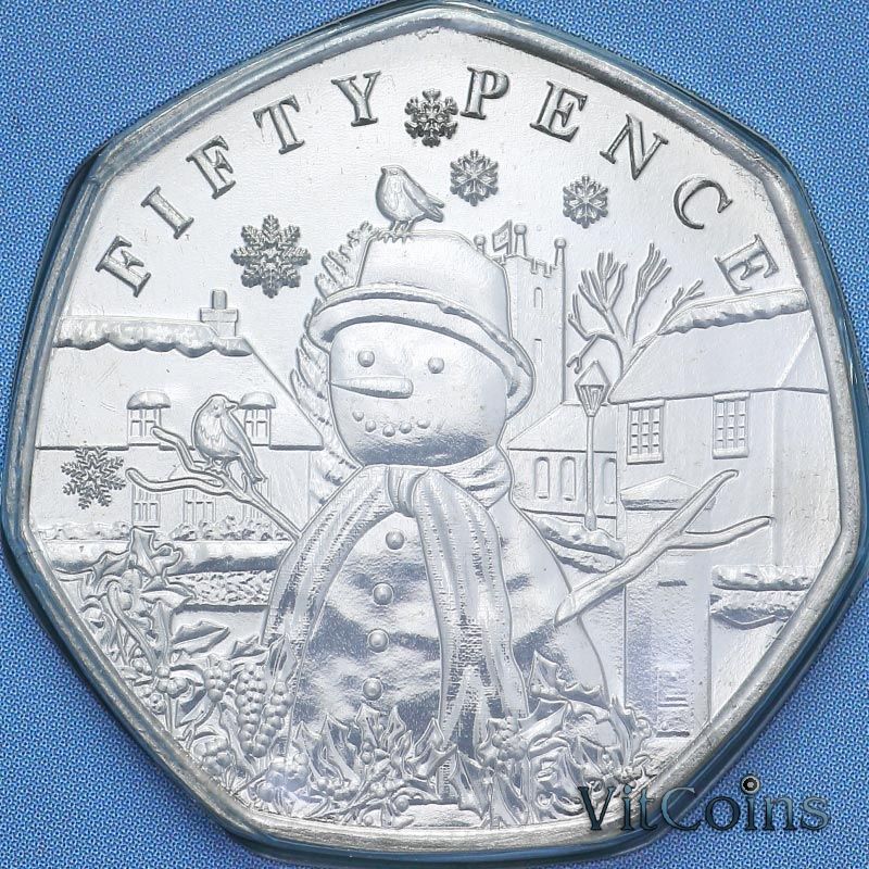 Монета Гернси 50 пенсов 2024 год. Рождественские снеговики. Снеговик с двумя малиновками