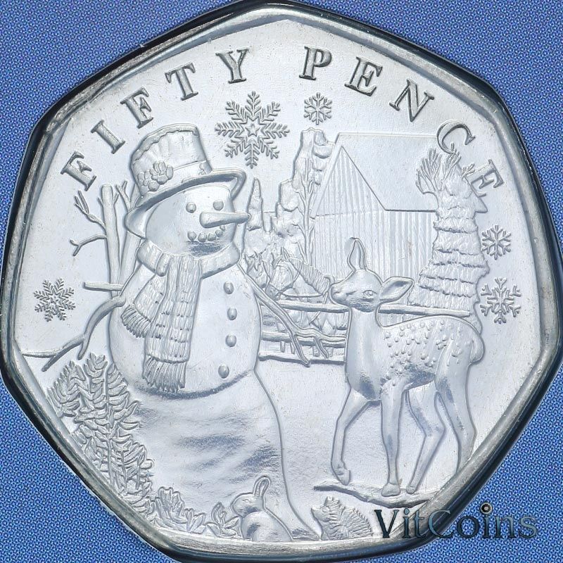 Монета Гернси 50 пенсов 2024 год. Рождественские снеговики. Снеговик и оленёнок