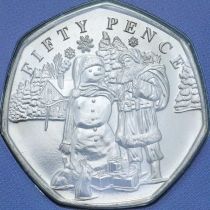 Гернси 50 пенсов 2024 год. Рождественские снеговики. Снеговик и Санта Клаус