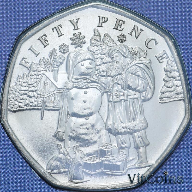 Монета Гернси 50 пенсов 2024 год. Рождественские снеговики. Снеговик и Санта Клаус