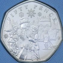 Гернси 50 пенсов 2024 год. Рождественские снеговики. Снеговик с тремя мальчиками и собакой
