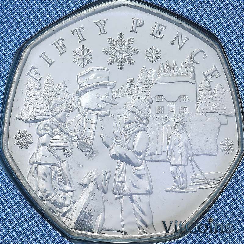 Монета Гернси 50 пенсов 2024 год. Рождественские снеговики. Снеговик с тремя мальчиками и собакой