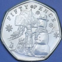 Гернси 50 пенсов 2024 год. Рождественские снеговики. Снеговик с девочкой и собакой