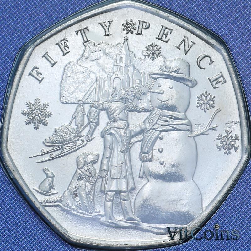 Монета Гернси 50 пенсов 2024 год. Рождественские снеговики. Снеговик с девочкой и собакой