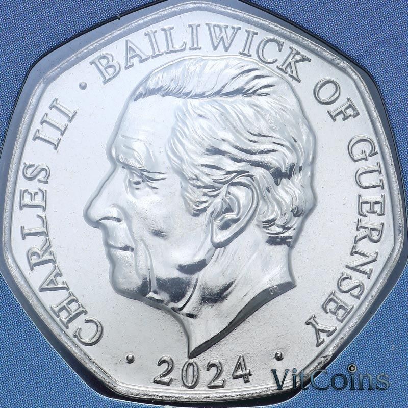 Монета Гернси 50 пенсов 2024 год. Рождественские снеговики. Снеговик с девочкой и собакой