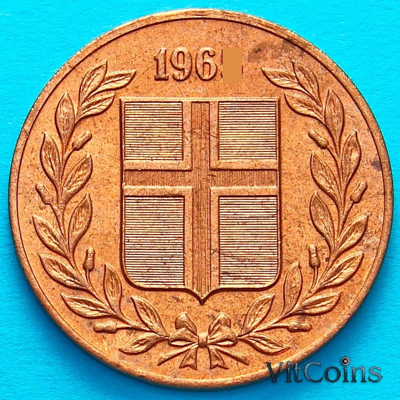 Монета Исландия 5 эйре 1963 год.