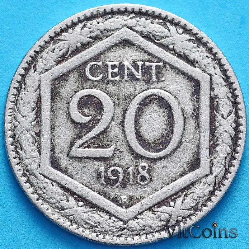 Монета Италия 20 чентезимо 1918 год. Новый тип. Гладкий гурт.