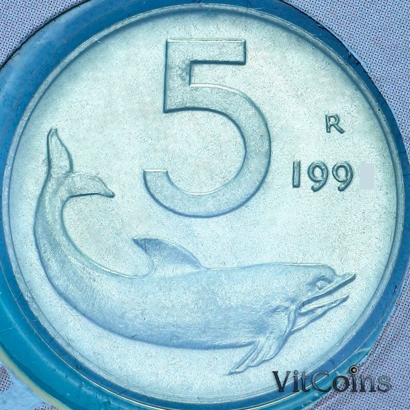 Монета Италия 5 лир 1998 год. Дельфин. BU