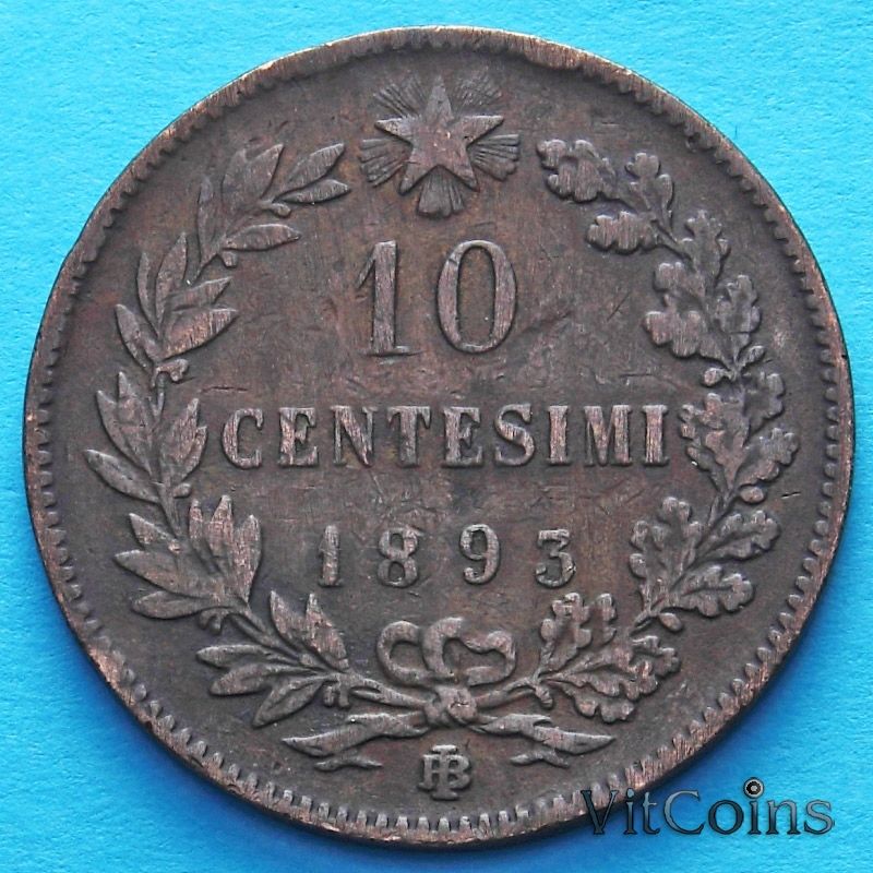 Монета Италии 10 чентезимо 1893 год.