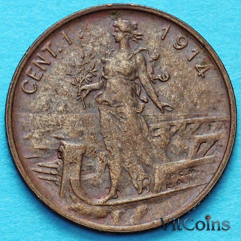 Монета Италии 1 чентезимо 1914 год. 