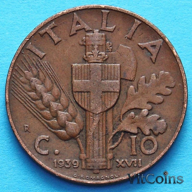 Монета Италии 10 чентезимо 1939 год. Медь.