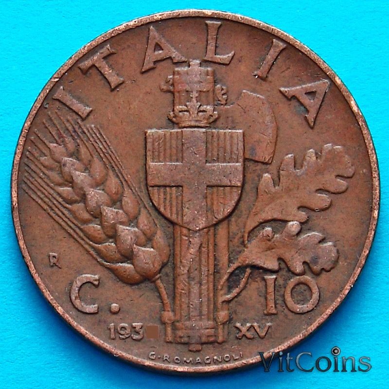 Монета Италия 10 чентезимо 1937 год. Медь.