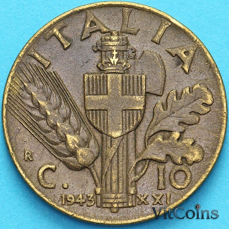 Монета Италия 10 чентезимо 1943 год.