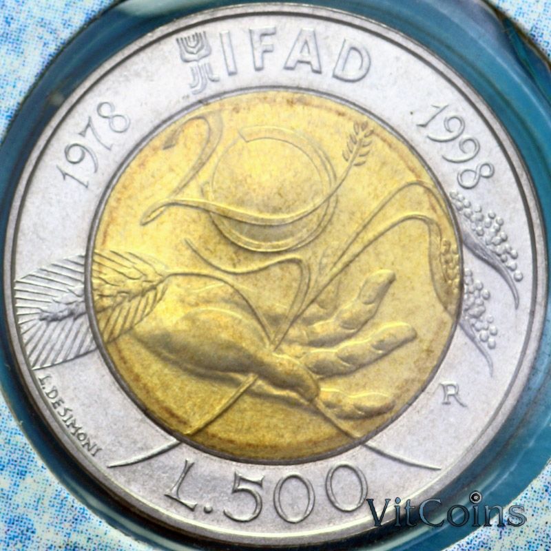 Монета Италия 500 лир 1998 год. 20 лет IFAD. BU Монета Италия 500 лир 1998 год. 20 лет IFAD. BU