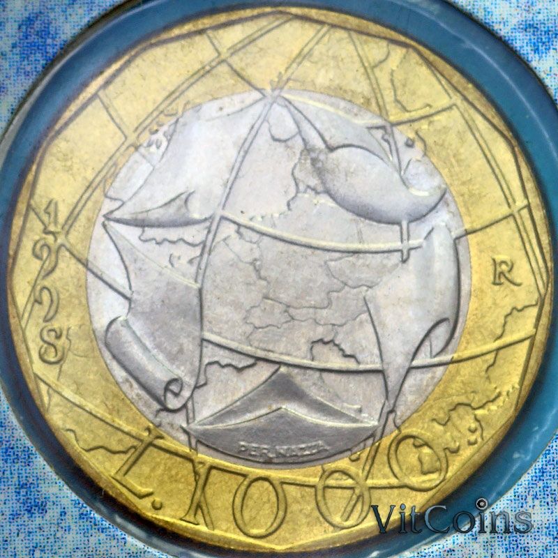 Монета Италия 1000 лир 1998 год. Европейский союз. BU Монета Италия 1000 лир 1998 год. Европейский союз. BU
