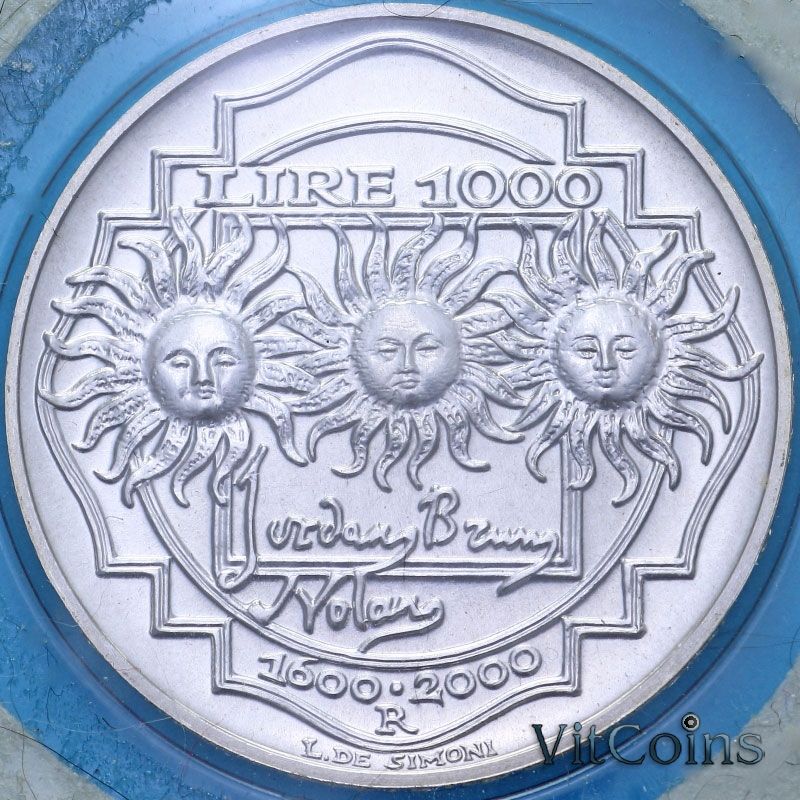 Монета Италии 1000 лир 2000 год. Джордано Бруно. BU