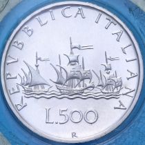 Италия 500 лир 2000 год. Корабли Колумба Нинья, Пинта и Санта-Мария.