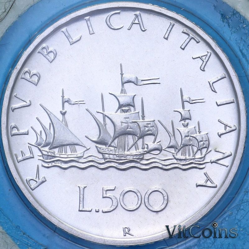 Монета Италия 500 лир 2000 год. Корабли Колумба Нинья, Пинта и Санта-Мария.