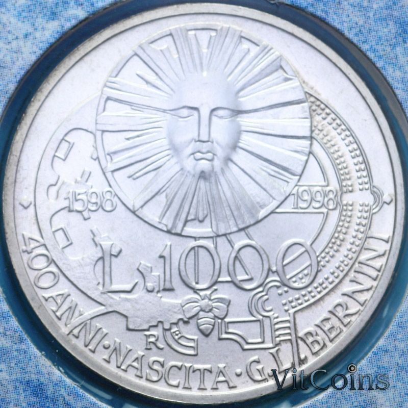 Монета Италия 1000 лир 1998 год. Джованни Лоренцо Бернини. BU