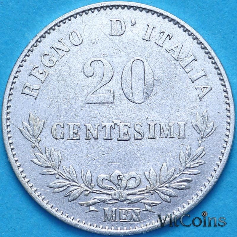 Монета Италия 20 чентезимо 1863 год. MBN. №2