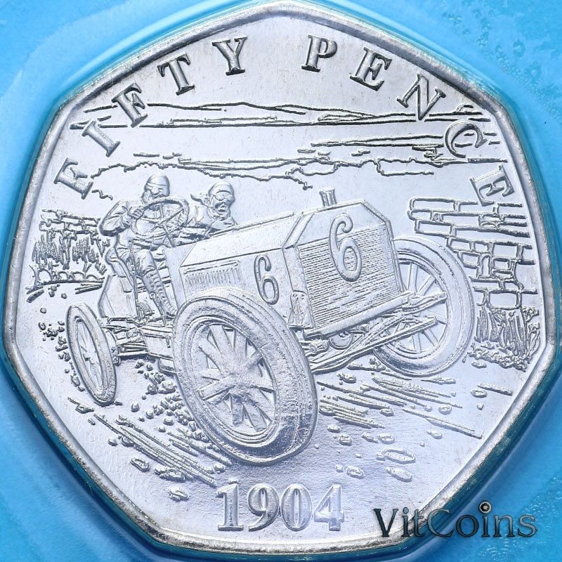 Монета Остров Мэн 50 пенсов 2024 год. Первая автомобильная гонка 1904 года. BU