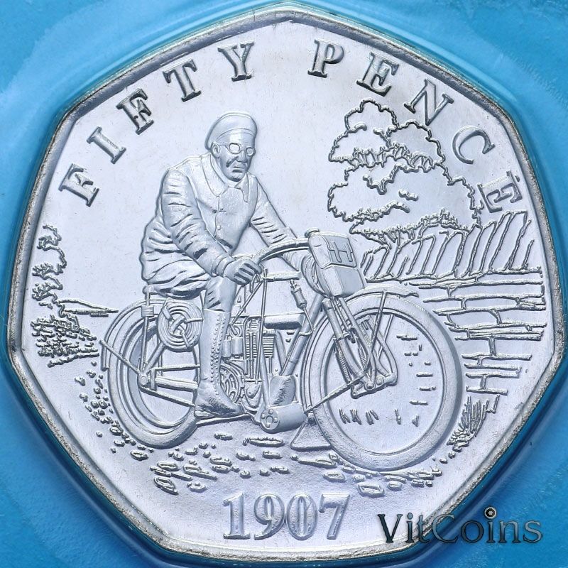 Монета Остров Мэн 50 пенсов 2024 год. Первая гонка TT 1907 года. BU