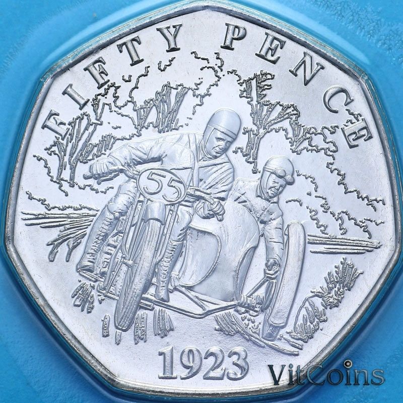 Монета Остров Мэн 50 пенсов 2024 год. Первая гонка на мотоциклах с колясками в 1923 году. BU
