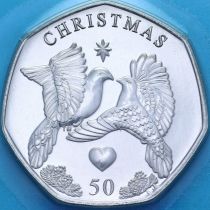 Остров Мэн 50 пенсов 2025 год. Рождество. Две горлицы. BU