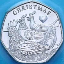 Остров Мэн 50 пенсов 2025 год. Рождество. Три французские курочки. BU
