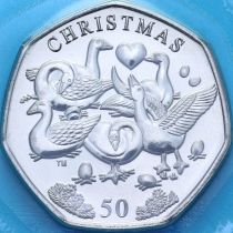 Остров Мэн 50 пенсов 2025 год. Рождество. Шесть гусынь, несущих яйца. BU