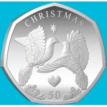 Остров Мэн 50 пенсов 2025 год. Рождество. Две горлицы. BU