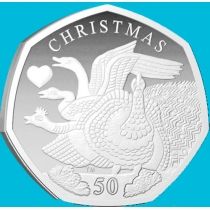 Остров Мэн 50 пенсов 2025 год. Рождество. Четыре поющие птицы. BU