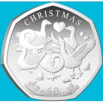 Остров Мэн 50 пенсов 2025 год. Рождество. Шесть гусынь, несущих яйца. BU