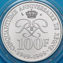 Монако 100 франков 1999 год. 50 лет правлению Ренье III. Серебро.