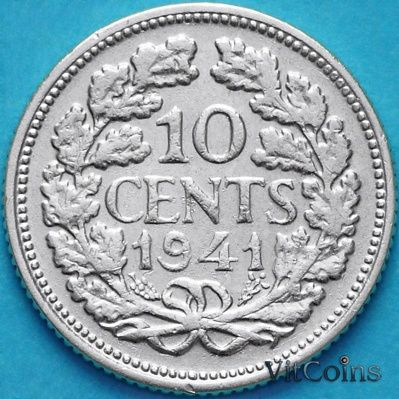 Монета Нидерланды 10 центов 1941 год. Серебро